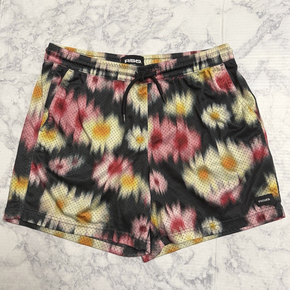 RSQ Men's Mesh Shorts Athletic Black Floral Pink Flowers Print Street Wear Sz L